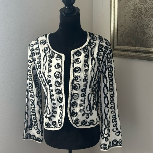 Life Style Petite black white denim aplique long sleeves blazer jacket sz PM new - Picture 1 of 6